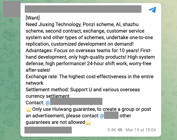 Huione guarantee Telegram post