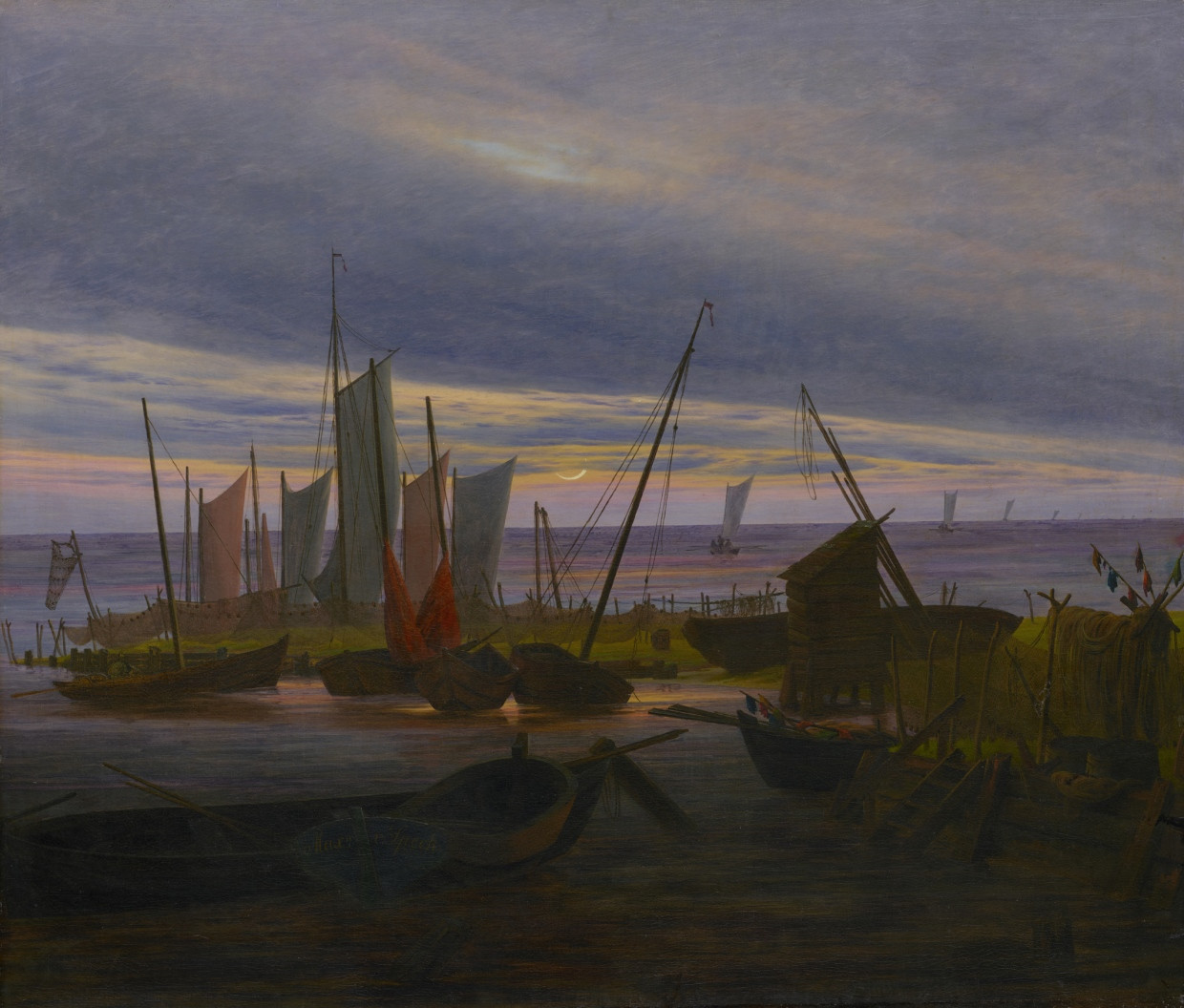 Blau, Gelb, Rot, Violett: „Schiffe im Hafen am Abend“, 1828