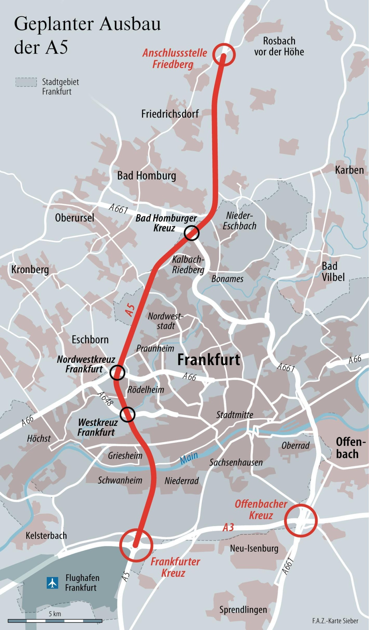 Die A5 soll zwischen dem Frankfurter Kreuz und dem Nordwestkreuz auf zehn Spuren erweitert werden. So viele wären auch bis Friedberg machbar.