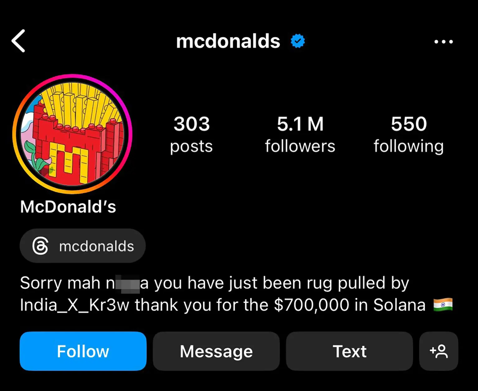 Modified McDonald's Instagram profile