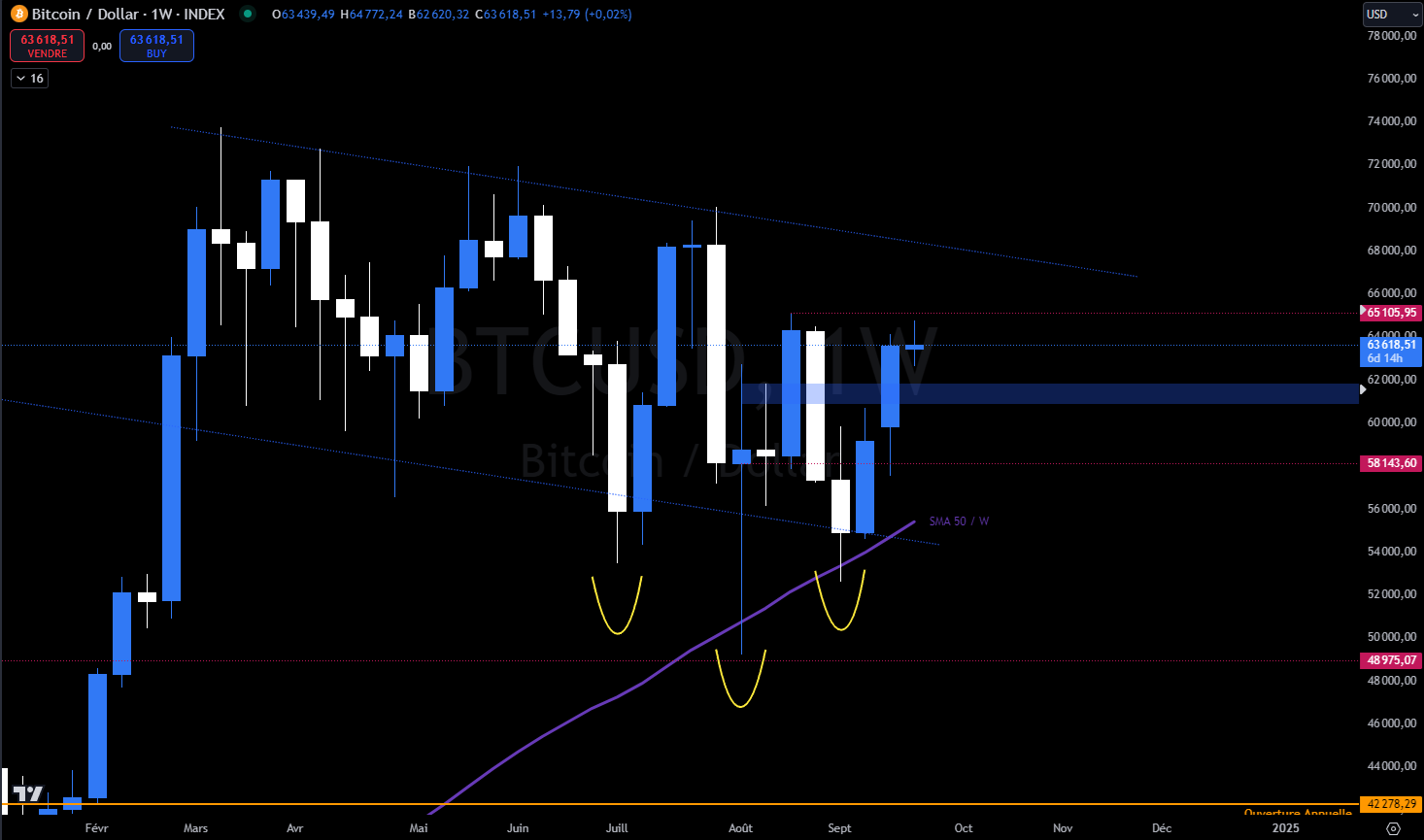 Bitcoin weekly against the dollar