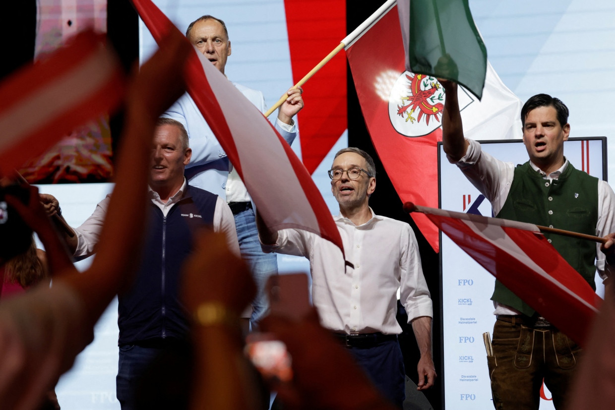 The FPÖ leader and top candidate Herbert Kickl with his supporters at his party's election campaign launch on September 7, 2024 in Graz