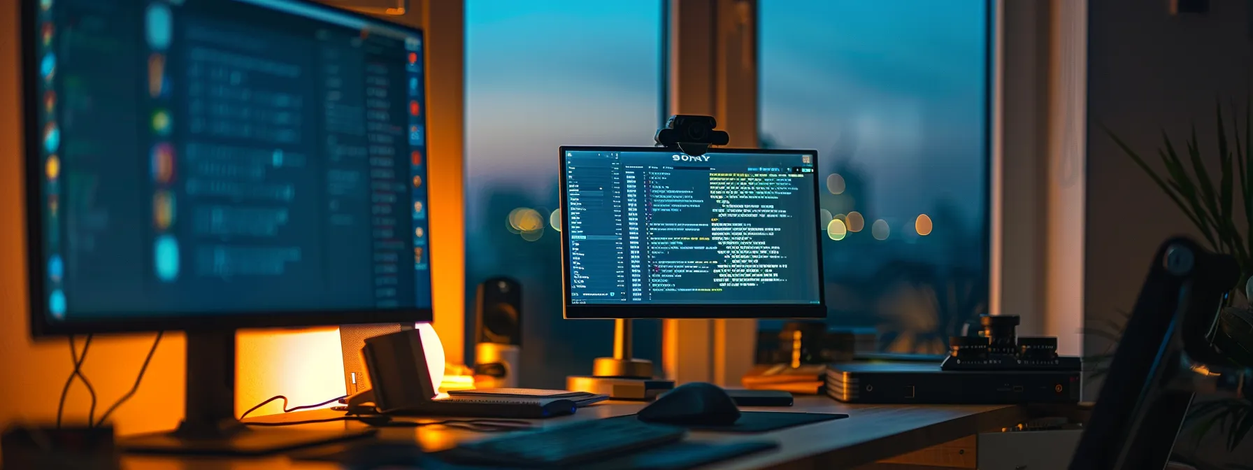 Desktop computer next to another monitor where intelligent search tool is displayed