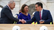 Chuck Schumer and Mike Johnson attended the start of construction last Wednesday on the platform for the swearing-in of the next president, which will take place in front of the Capitol in January.