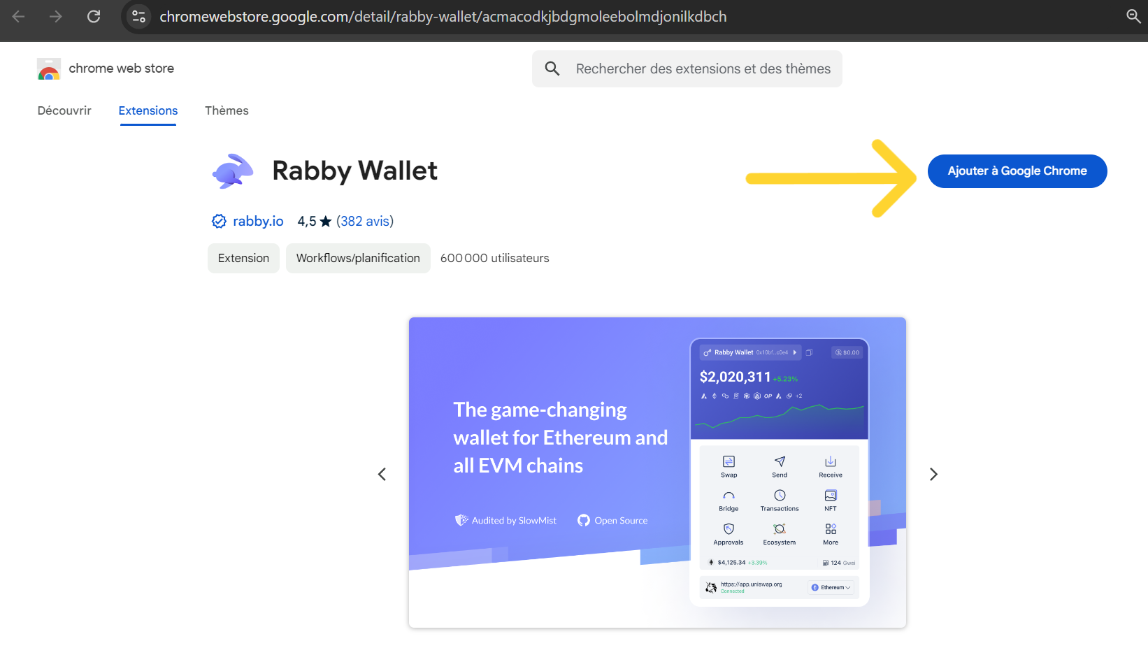 ajouter l'extension Rabby Wallet au navigateur Chrome