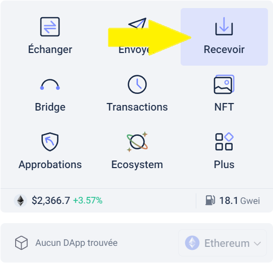 Recevoir des cryptos sur Rabby Wallet, première étape