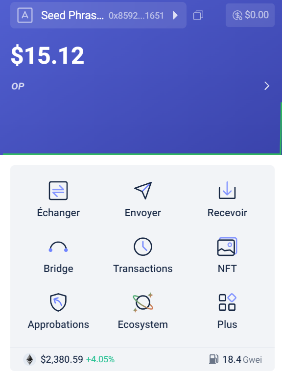 Les fonds sont visibles sur l'interface de Rabby Wallet