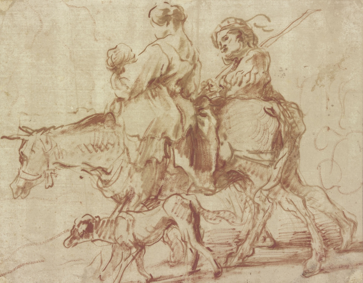 At first glance it looks like a bad print with its blurred contours, but it is a clever experiment with red chalk dipped in oil: Giovanni Benedetto Castiglione's “Woman with a child riding a donkey, a young man walking alongside,” around 1635