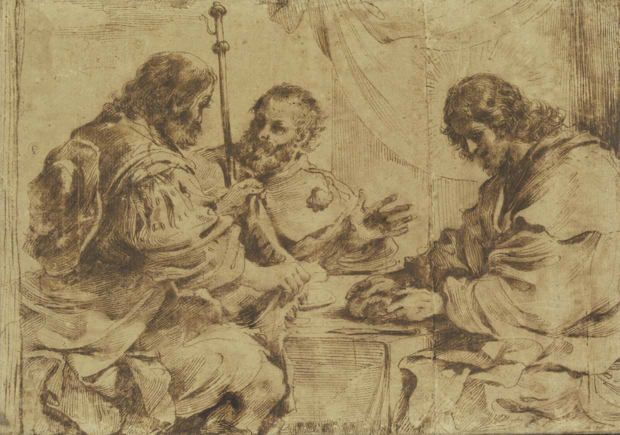 While the Savior on the right breaks bread almost unnoticed, the disciples argue: Guercino's “Christ at Emmaus”, around 1619