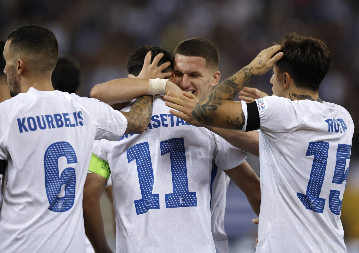 Anastasios Bakasetas celebrates retaining top spot in the Nations League Group 2 in the B League.