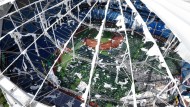 Hanging in shreds: the roof of the Tropicana Field baseball stadium in St. Petersburg, Florida