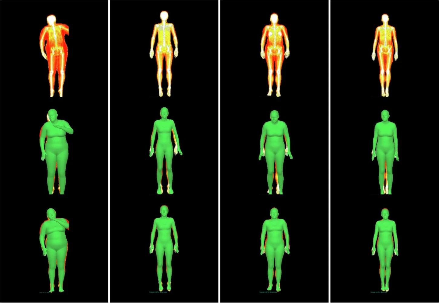 Body meshes fitted to DXA. DXA image inputs (Row 1), initial fits using HKPD (Row 2) and optimised fits (Row 3). Study: Prediction of total and regional body composition from 3D body shape