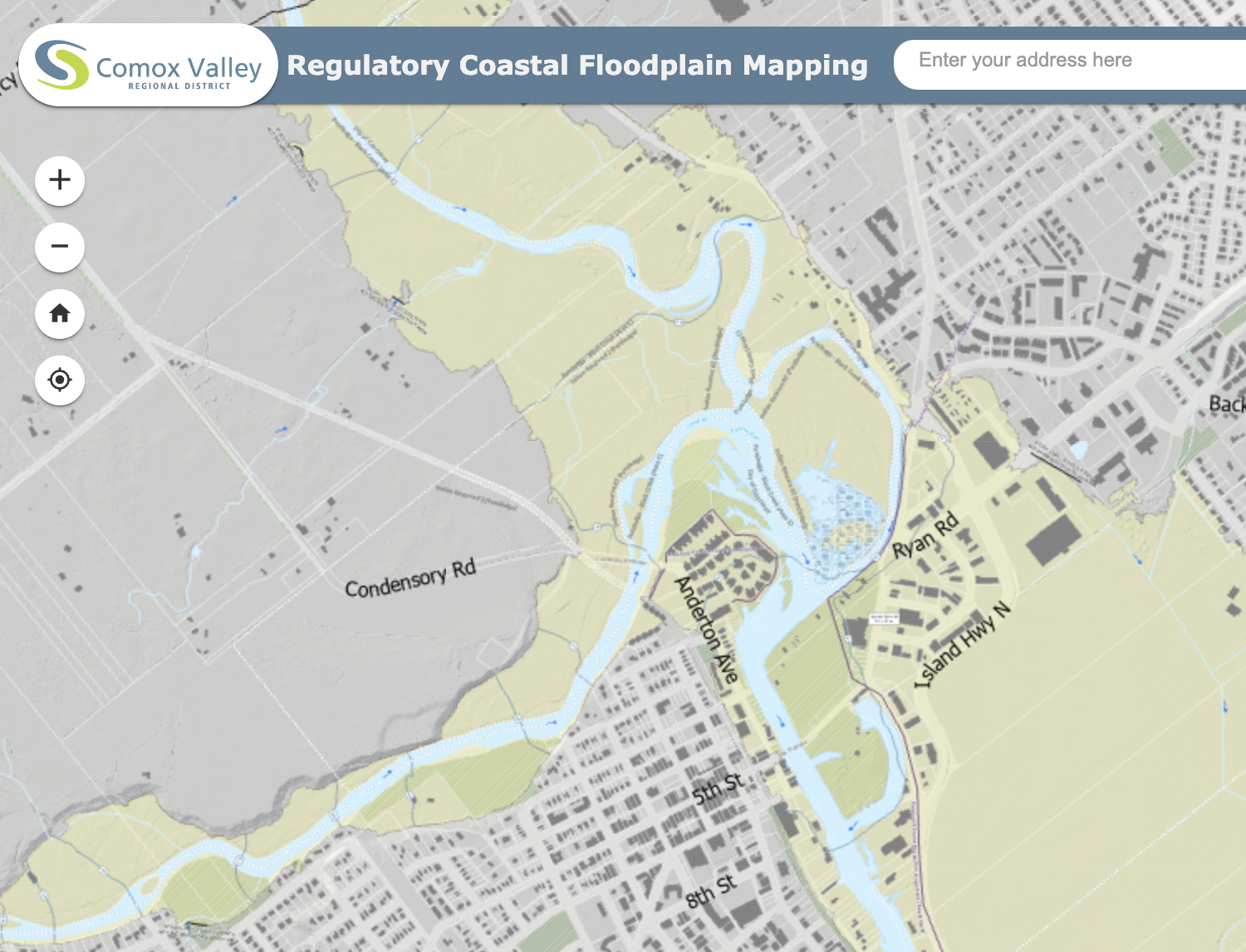 A section of the CVRD’s regulatory coastal flood mapping, with floodplain areas shown in yellow. Screenshot/Comox Valley Regional District