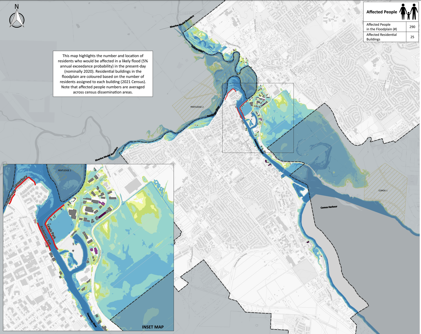 Screenshot of a likely present-day flooding scenario. For more information and all of the flood consequence maps, visit https://www.courtenay.ca/EN/main/city-hall/projects-gallery/flood-management-plan/flood-consequence-maps.html . Screenshot/City of Courtenay