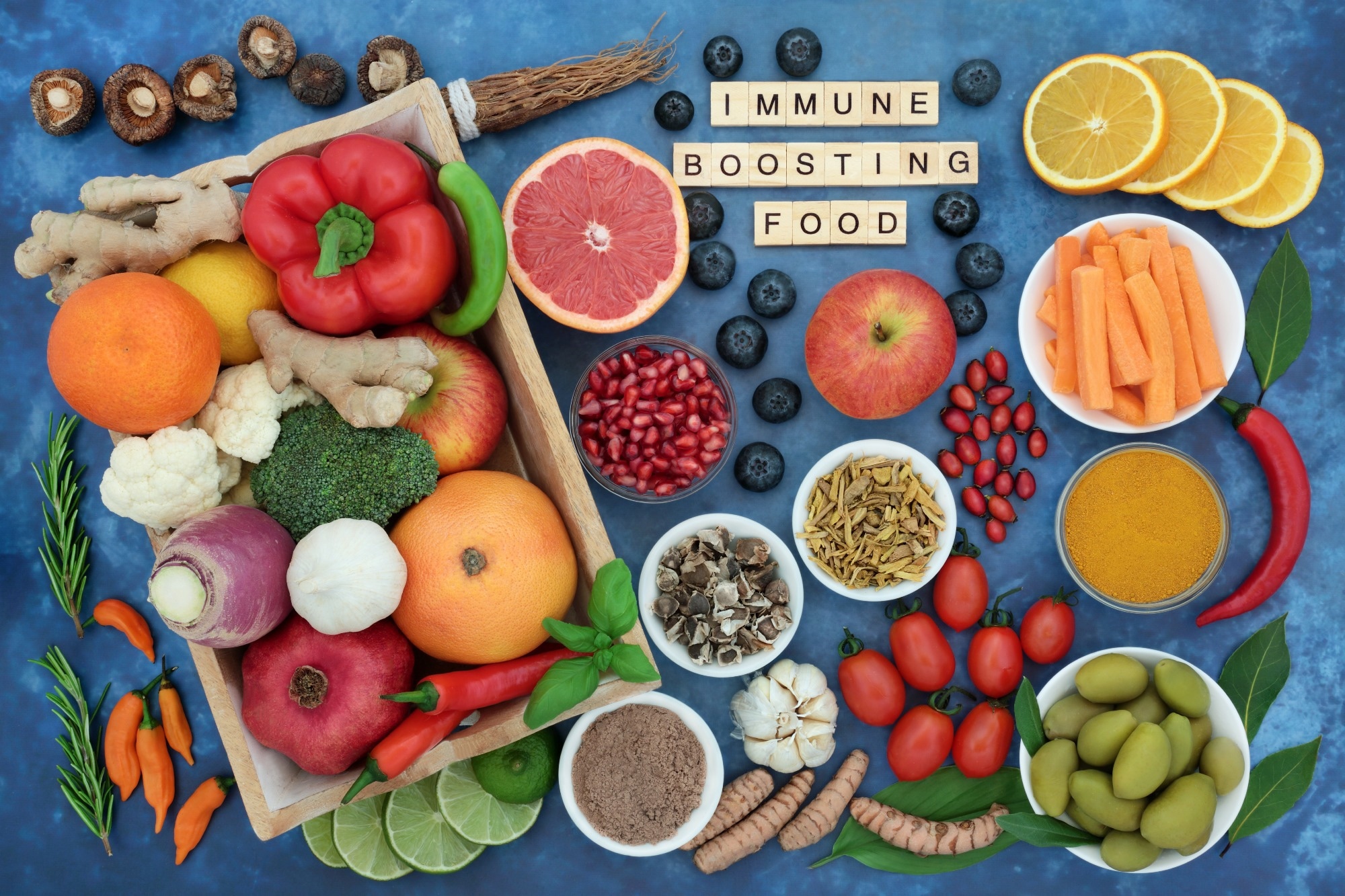 Immune boosting food for a healthy vegan diet with vegetables, fruit, medicinal herbs and spice.