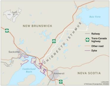 Roads, railroads and dikes on the land connecting Nova Scotia and New Brunswick.