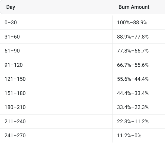 Table representing the number of tokens s burn