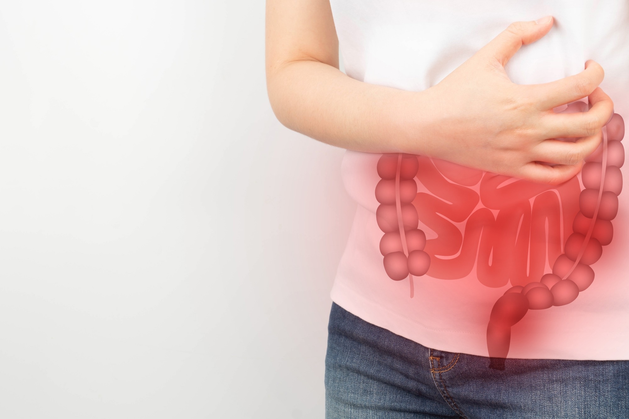 Woman suffering from abdominal pain with small and large intestines organ shape.