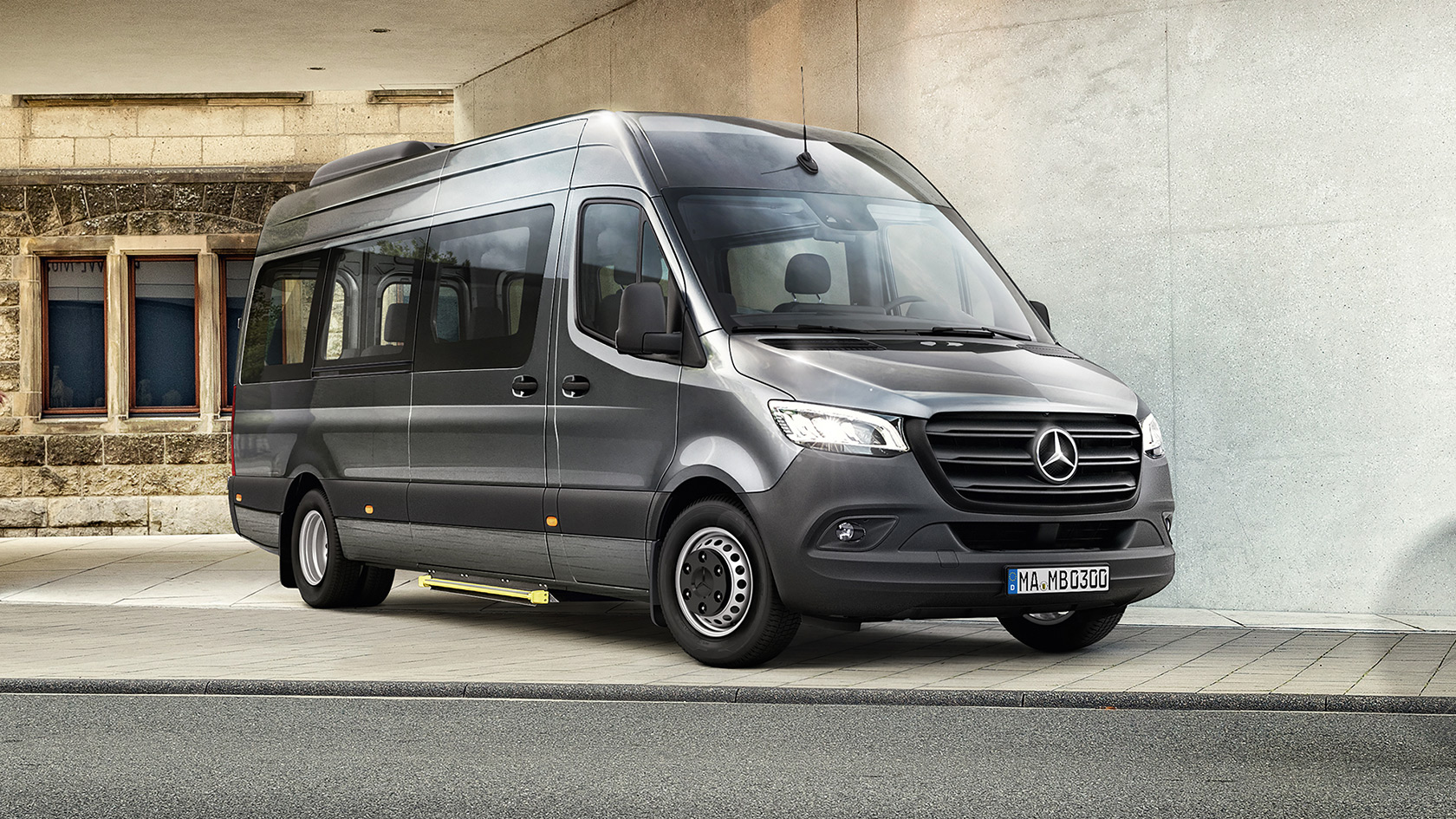 Minibus parked in front of a building