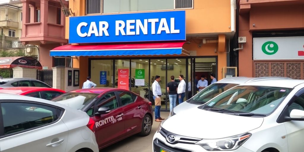 Car rental office with parked cars in Lahore.