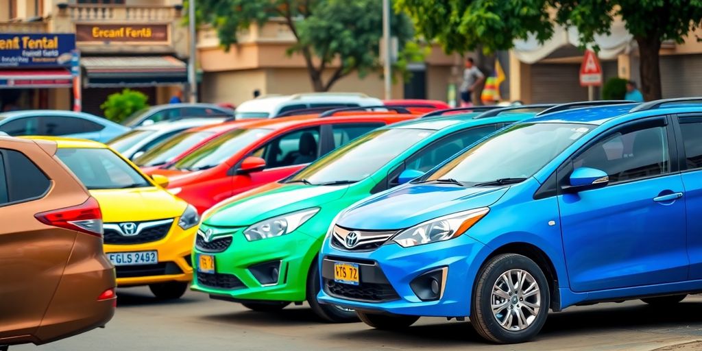 Rental cars lined up on a busy street in Lahore.