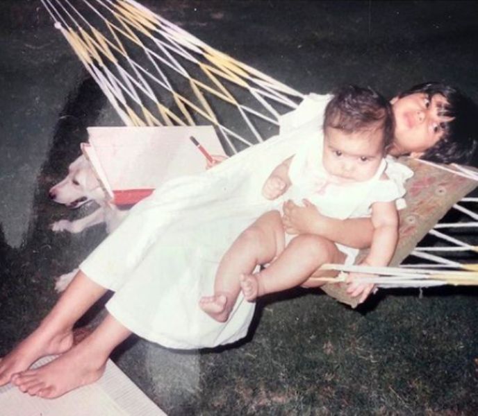 A childhood picture of Samiksha Pednekar (infant), along with her sister, Bhumi Pednekar
