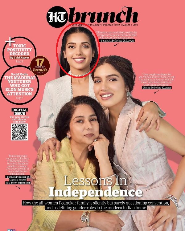 Samiksha Pednekar, along with her sister, Bhumi Pedneker, and mother, Sumitra Pednekar, on the cover of HT Brunch magazine