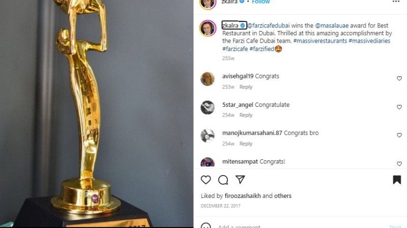 Zorawar Kalra made an Instagram post after the Farzi Cafe's outlet in Dubai won the Masala UAE Awards as the Best Restaurant in Dubai
