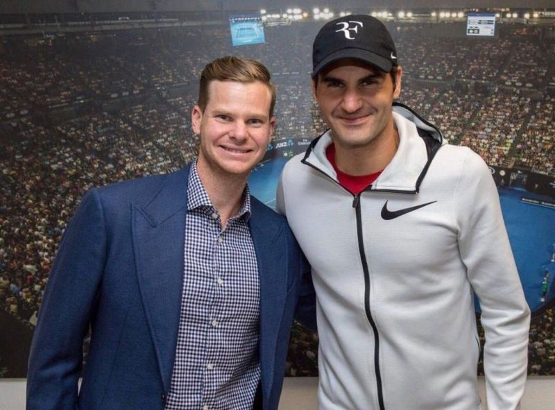 Steve Smith (left) with Roger Federer