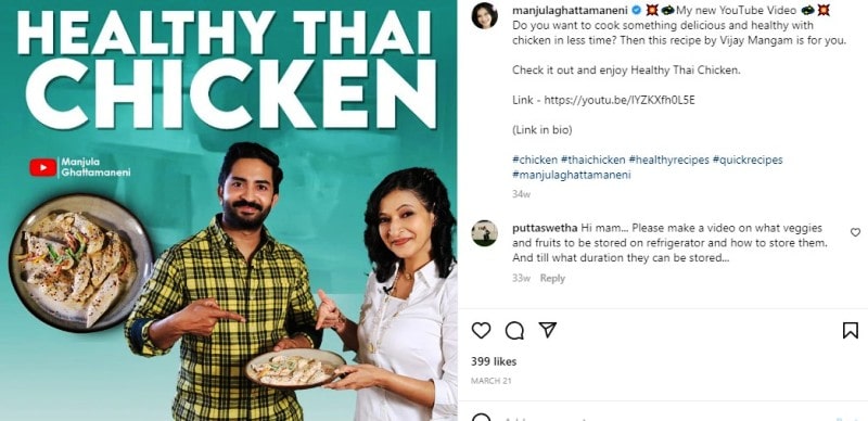 Manjula's Instagram post on cooking Thai chicken