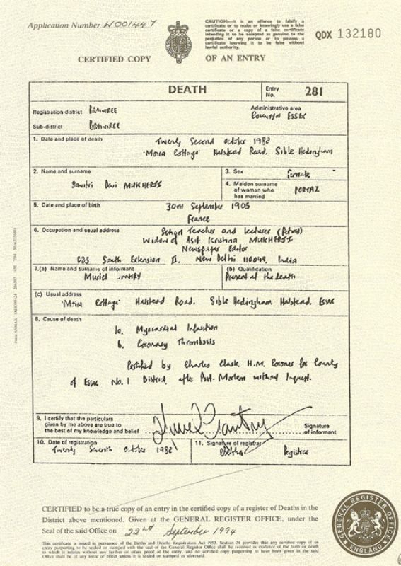 Savitri Devi's death certificate