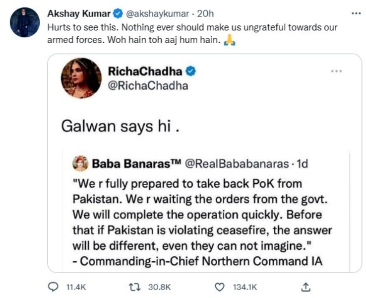 Akshay Kumar's tweet in response to Richa Chadda's tweet