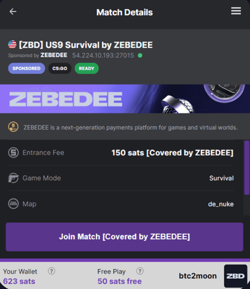 A CSGO server hosted by ZEBEDEE to earn Bitcoins