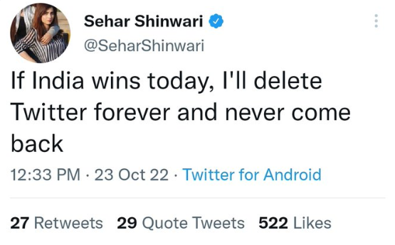 Sehar Shinwari's tweet showcasing her unfulfilled promise