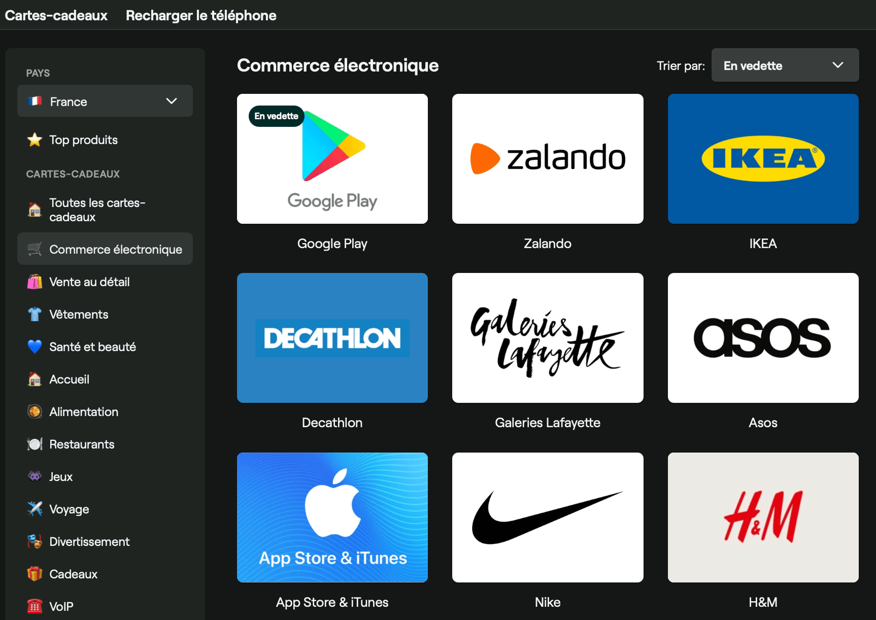 Overview of products available in France in the e-commerce tab on Bitrefill