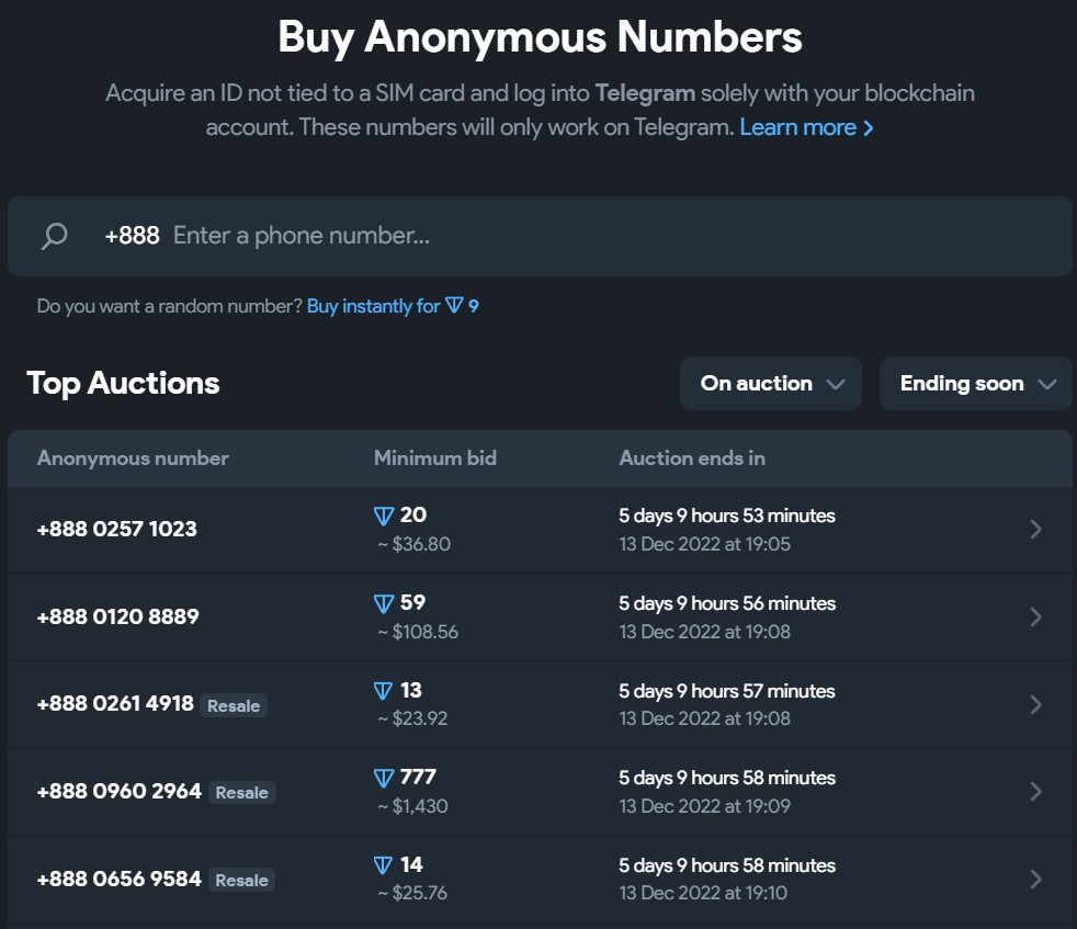 Telegram blockchain number auction