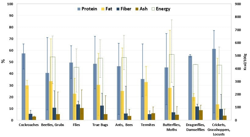 Nutritional composition [%] and energy content [kcal/100 g] of edible insects. Data are reported as average value of dry matter and the error bars indicate the maximum and minimum value determined.