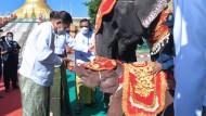 Brutal and superstitious: Dictator Min Aung Hlaing christens a white baby elephant