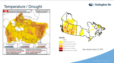 Two graphics which show temperature and drought probability is high for 2023, and January 23 conditions are abnormally dry to moderate drought 