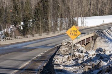 A 'slide area' sign on Highway 97 near Quesnel, B.C.