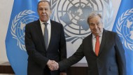Antonio Guterres with Russian Foreign Minister Sergey Lavrov after a UN Security Council meeting in New York.