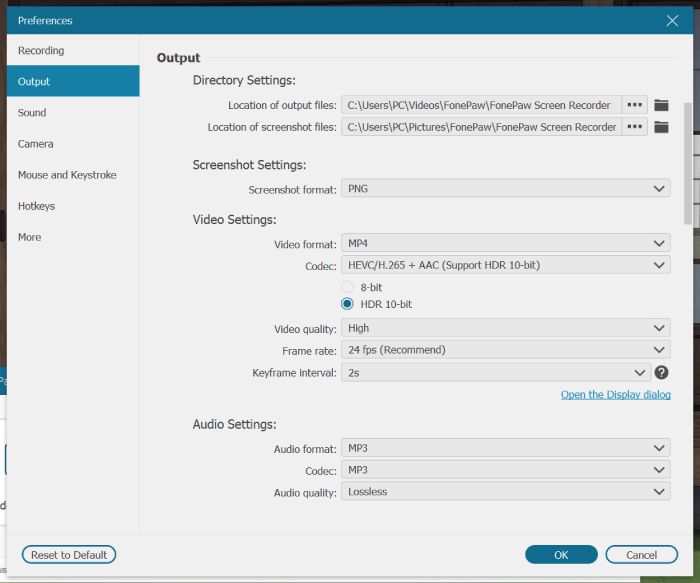 FonePaw Screen Recorder Output Settings