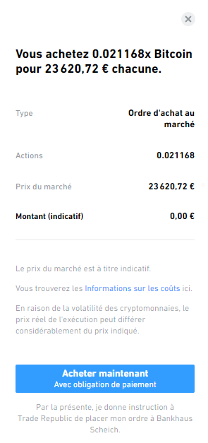 Ordre de marché Bitcoin Trade Republic