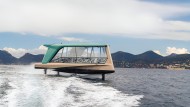 Stilted: The Icon crosses the stern wave of the photo boat, the 13-meter hull rushes over it.  Its shape is based on the foiling sailing machines from the America's Cup.