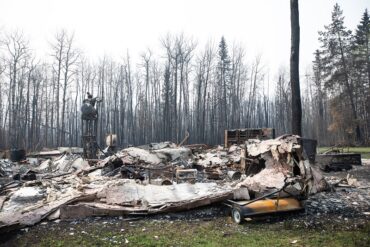 A structure destroyed by a wildfire in Drayton Valley, Alta.