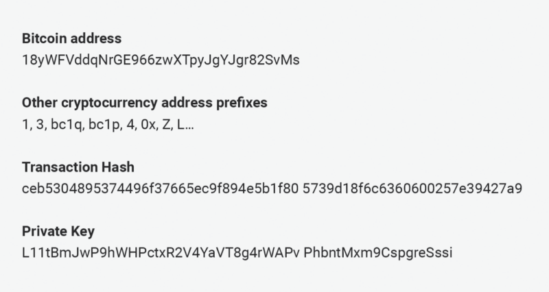 Example bitcoin addresses, transaction hash, and private key