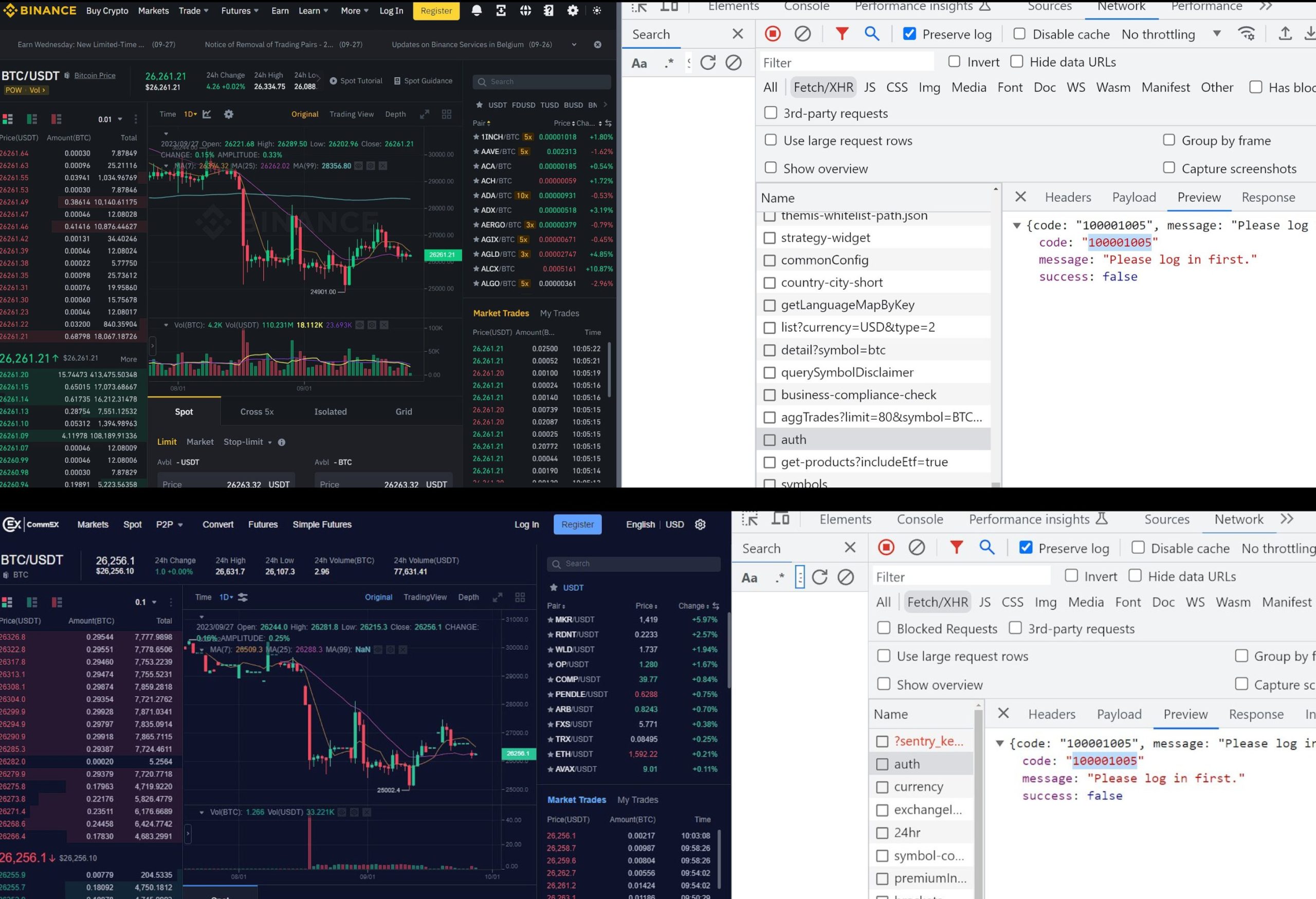 Interfaces trading Binance CommEX