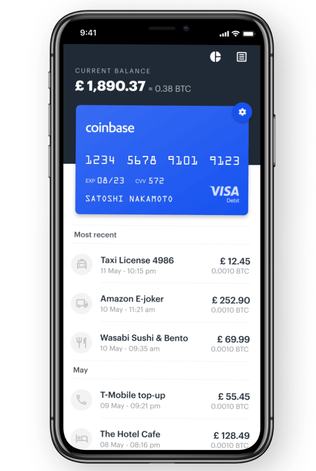 Aperçu du tableau de bord de la carte Coinbase