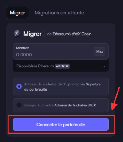 Connexion wallet dYdX