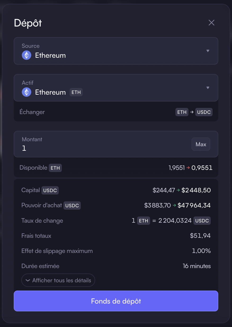 Dépôt de cryptos sur dYdX V4